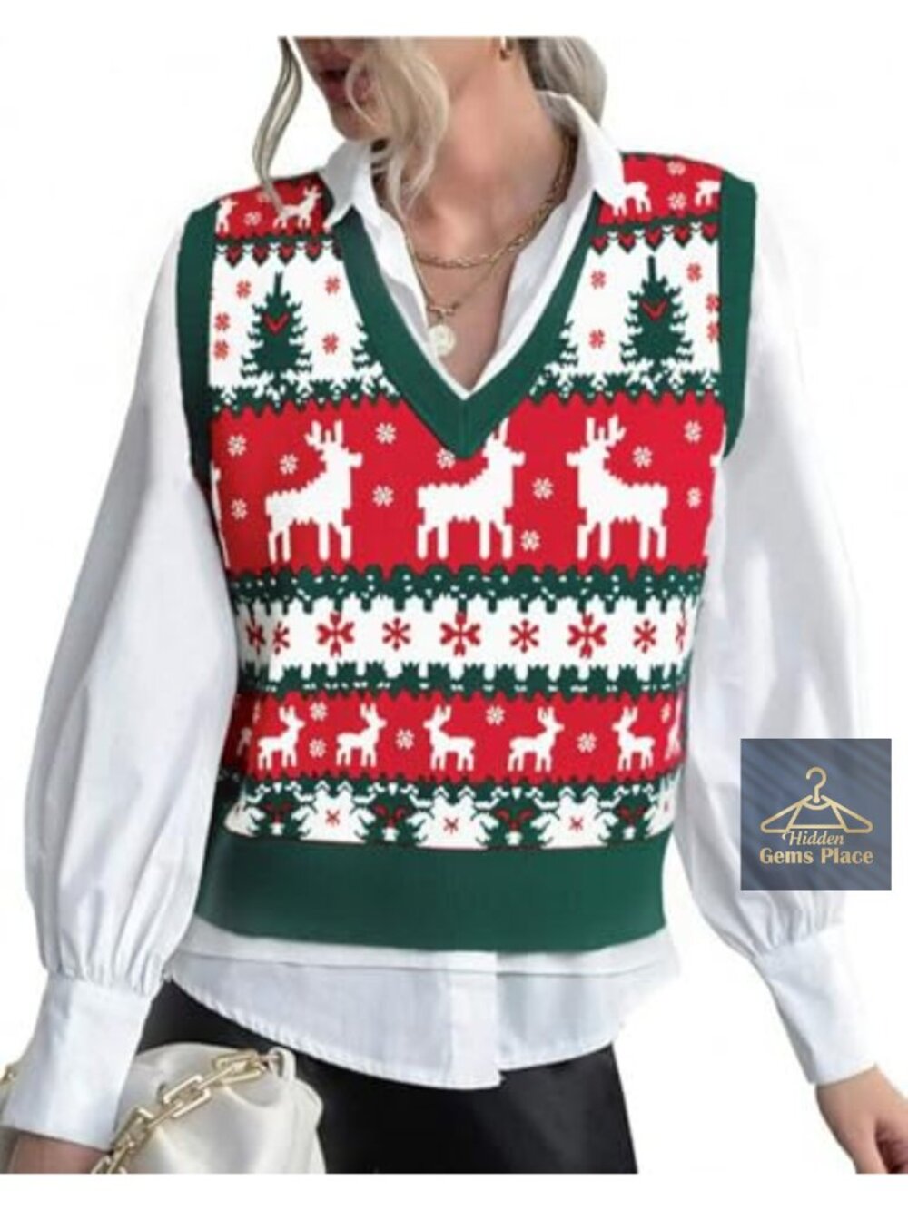 Ugly Christmas Sweater Vest Women V Neck Vintage Knit Sleeveless
